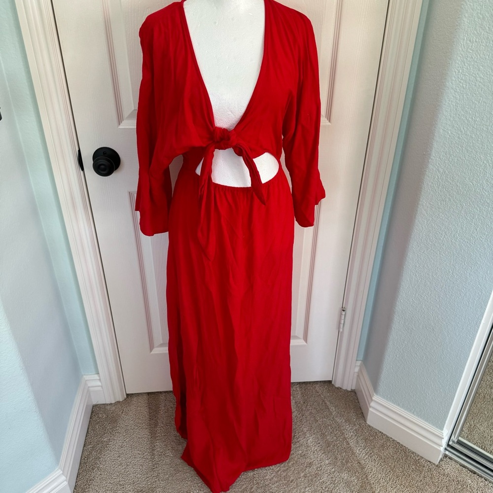 By Anthropologie Tie-Front Cover up Red Dress - Picture 5 of 11